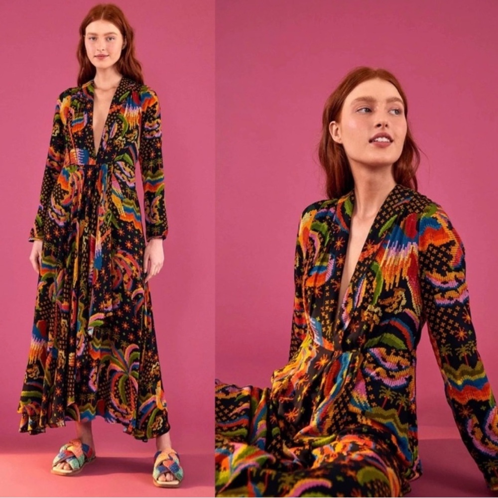 Farm Rio Macaw Island Tropical Cross Stitch Print Maxi Dress size M